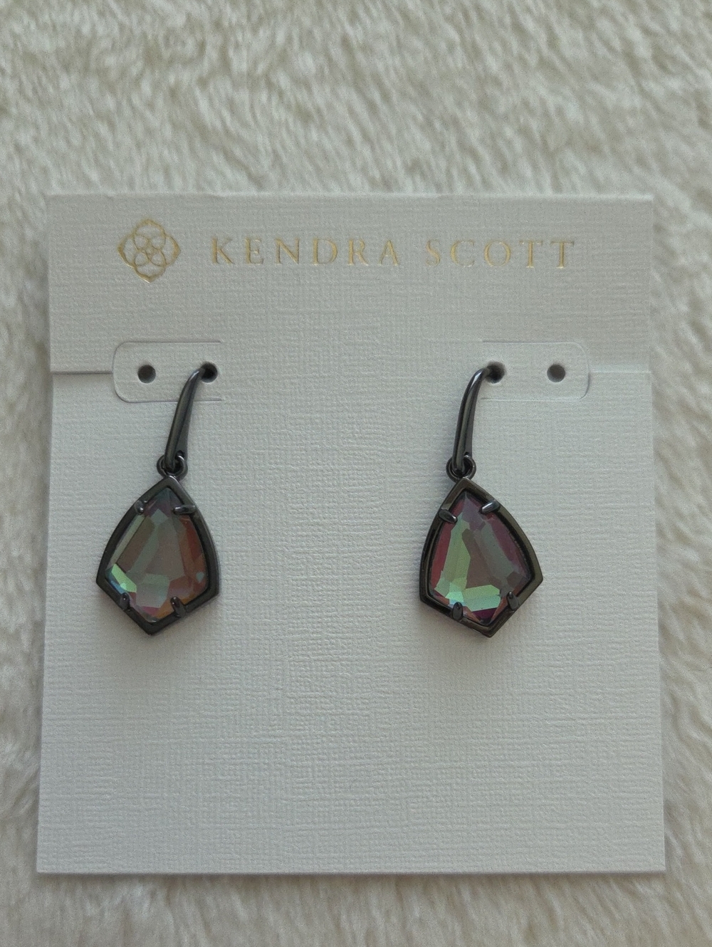 NEW Kendra Scott Cory Drop Earrings Gunmetal Dangle Black Dichroic Glass NWT